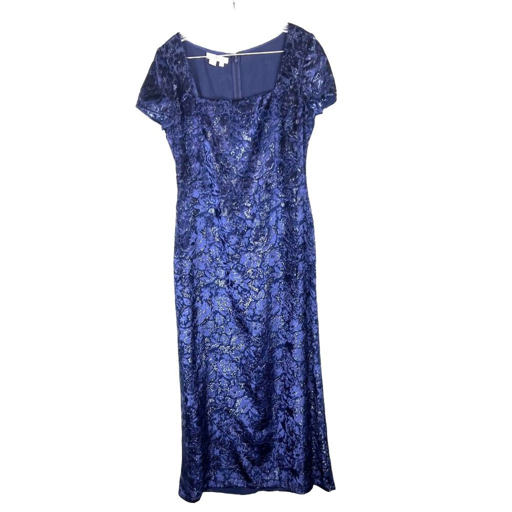Womens 10 Boho Chic Blue Metallic Flowy Burnt Velvet Narrow Waist Gown Kay Unger